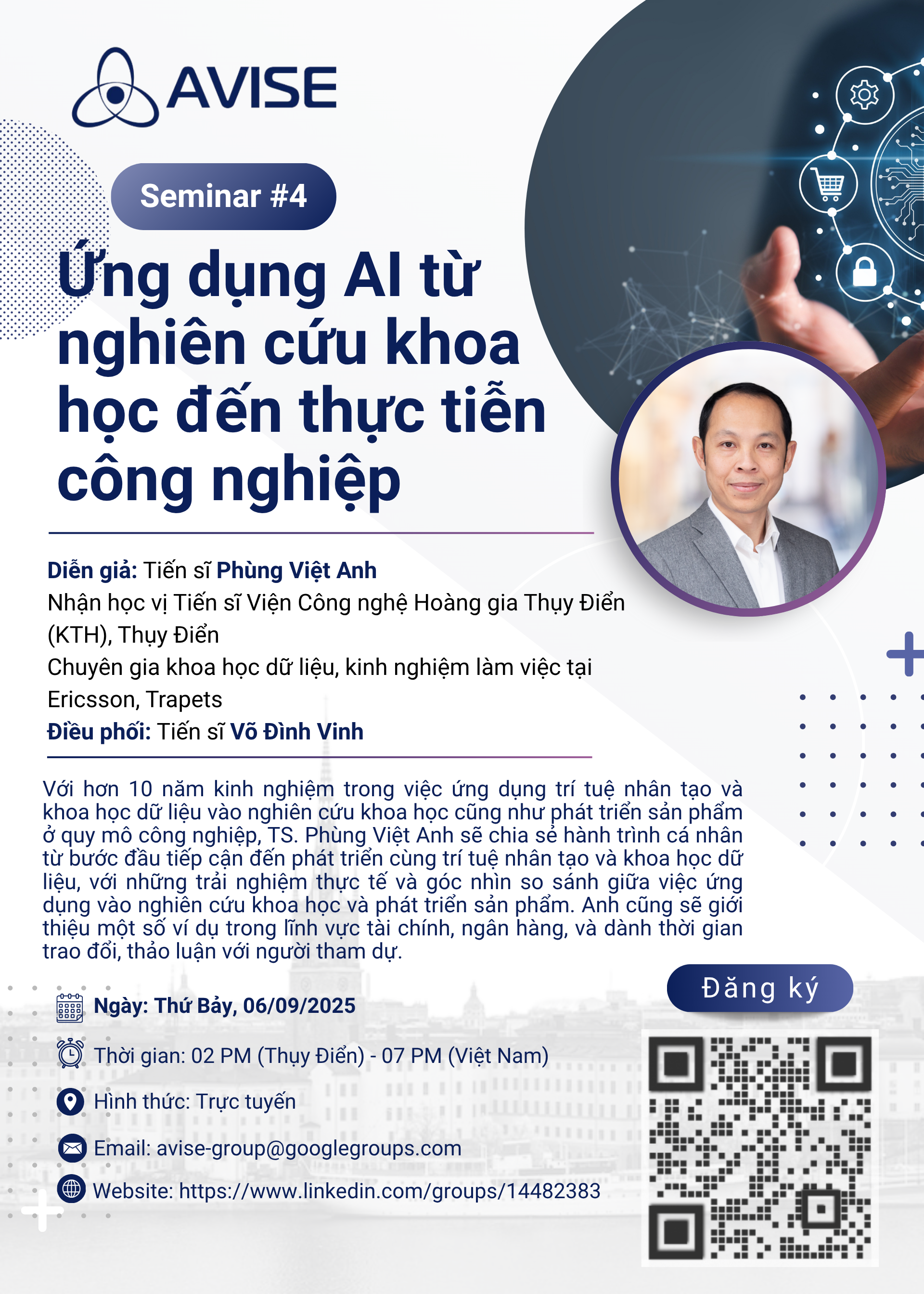 Poster của AVISE Seminar #4: Ứng dụng AI từ nghiên cứu khoa học đến thực tiễn công nghiệp