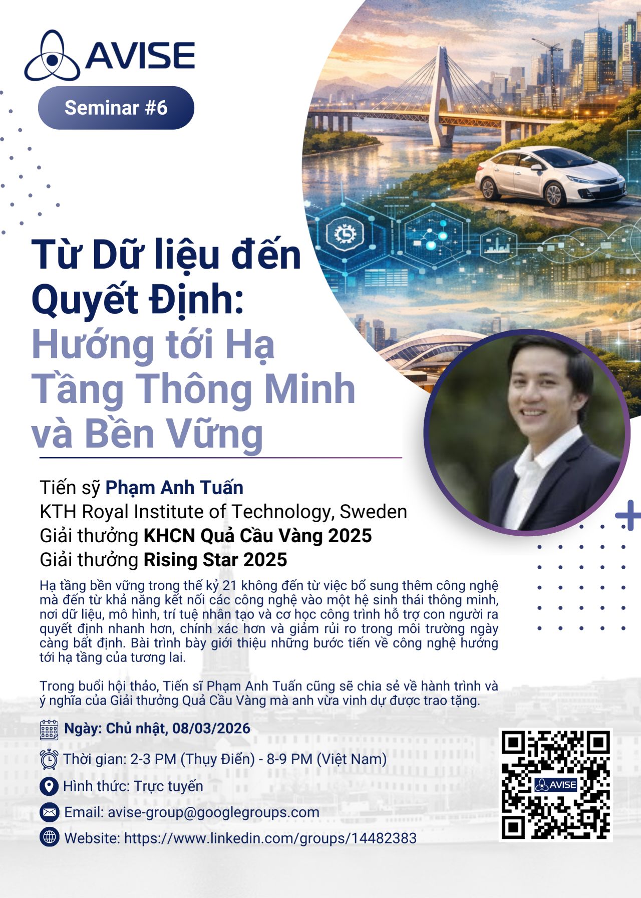 Poster của AVISE Seminar #6: Từ dữ liệu đến quyết định: Hướng tới hạ tầng thông minh và bền vững